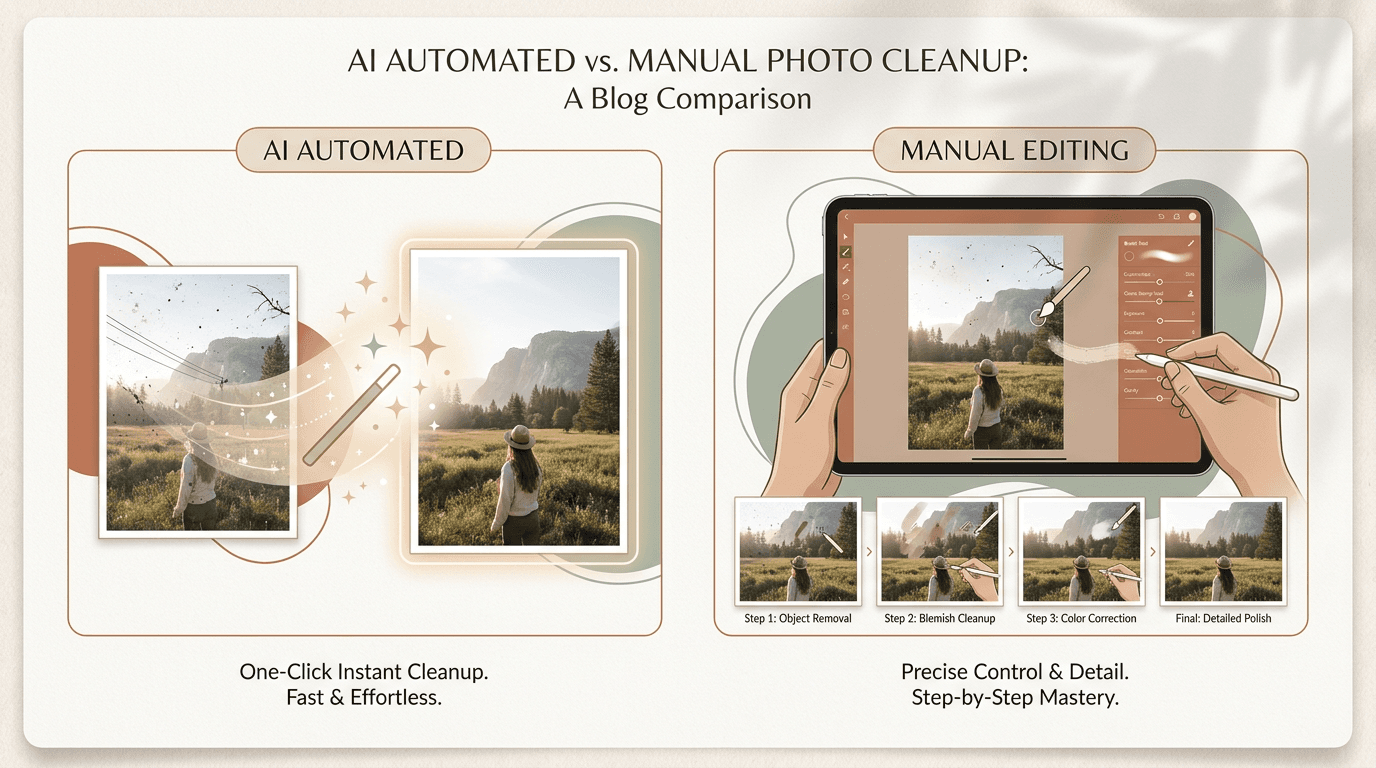 การลบลายน้ำด้วย AI กับการแก้ไขด้วยมือ: แบบไหนให้ผลลัพธ์ที่ดีกว่า?