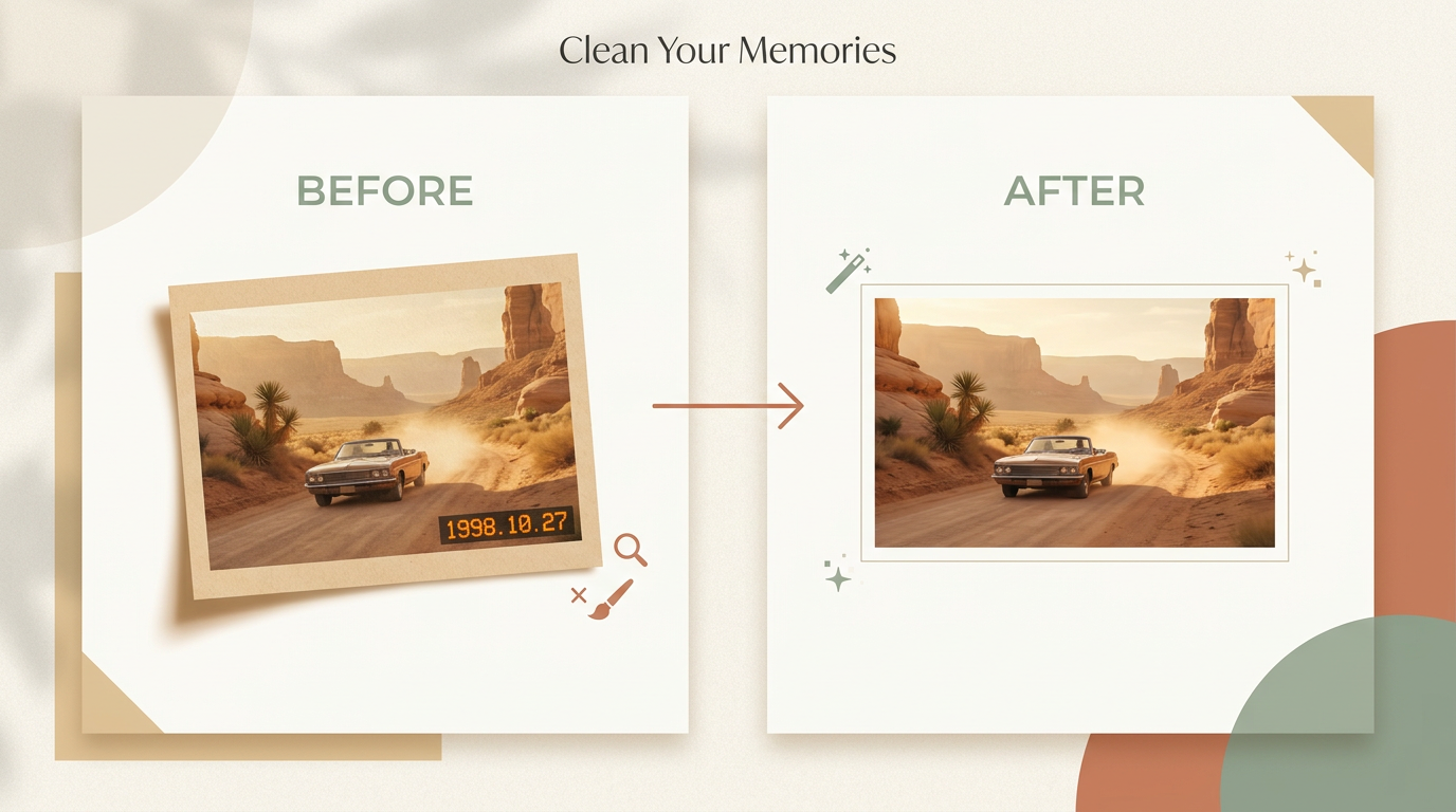 Before and after removing a burned-in date stamp from a photo corner