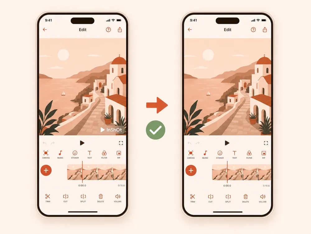 An InShot phone clip with a corner sticker beside the same clip cleaned