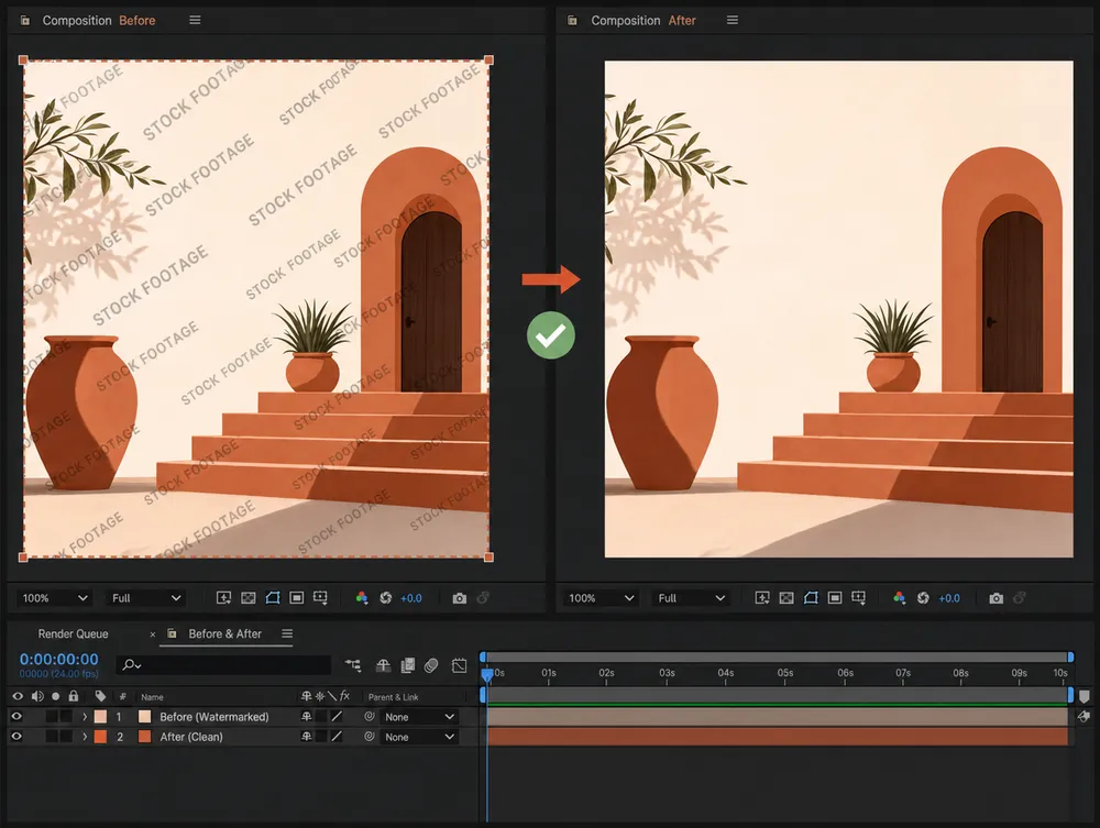 A masked watermark in a compositing frame beside the same frame cleaned
