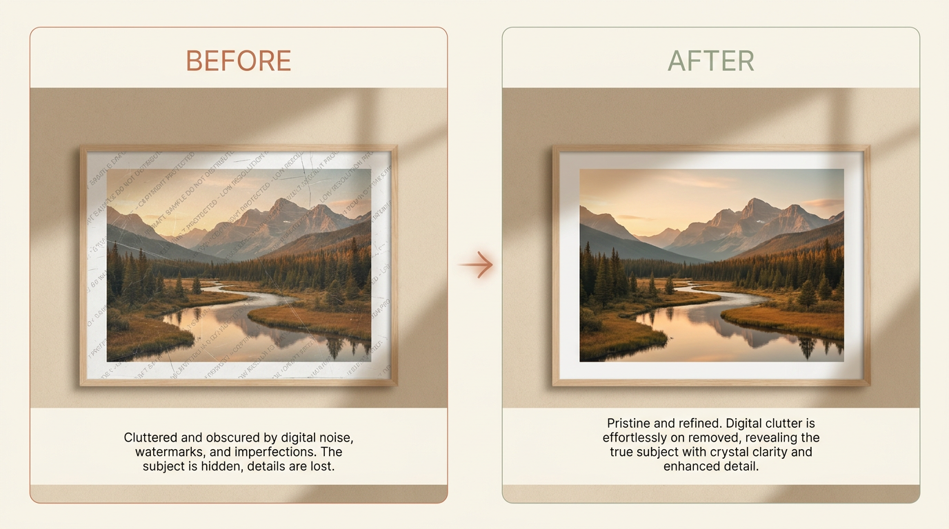 Before and after comparison of an AI watermark cleanup on a photo